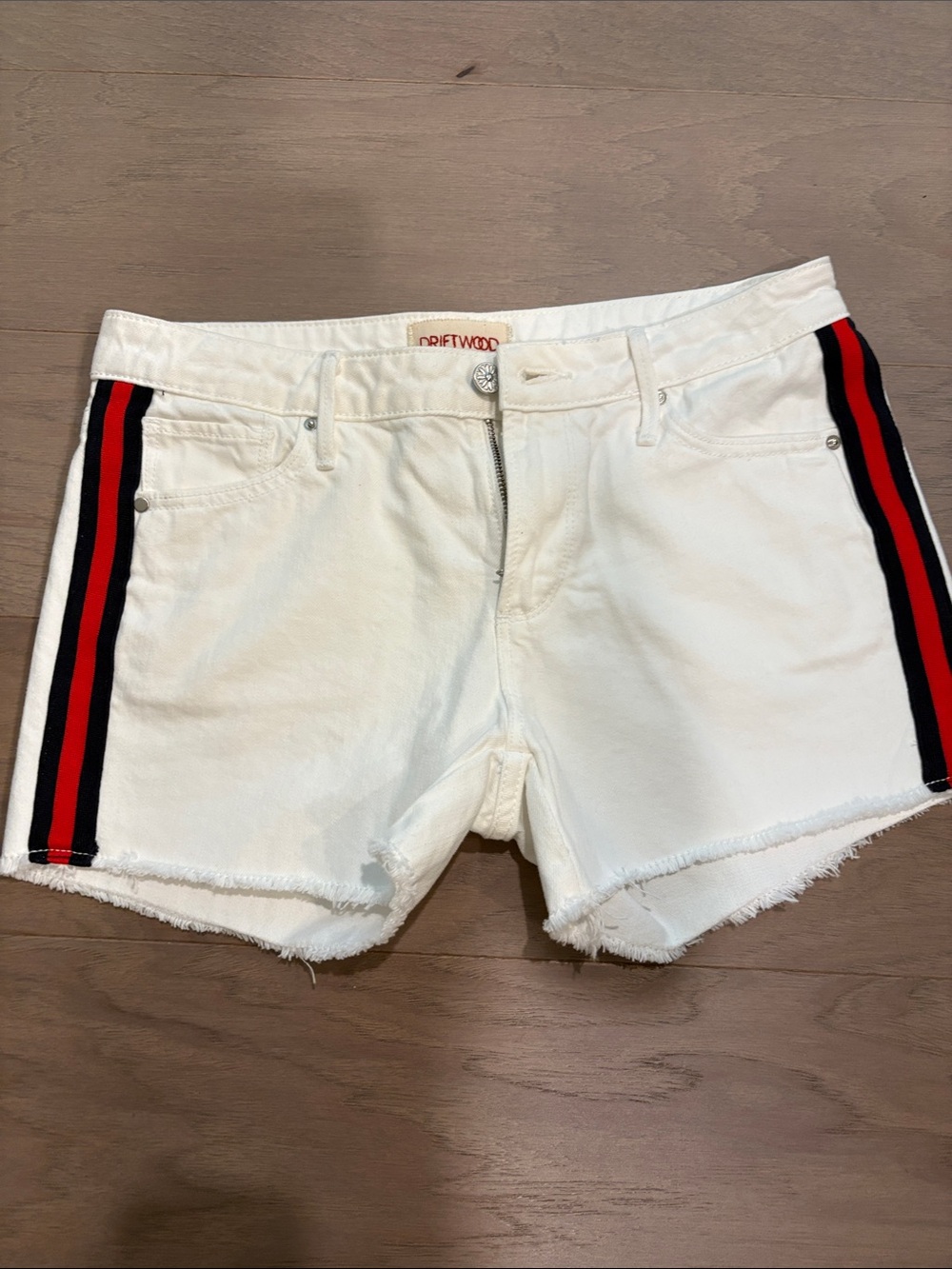 DRIFTWOOD White Denim Shorts with Red & Black Side Stripes
